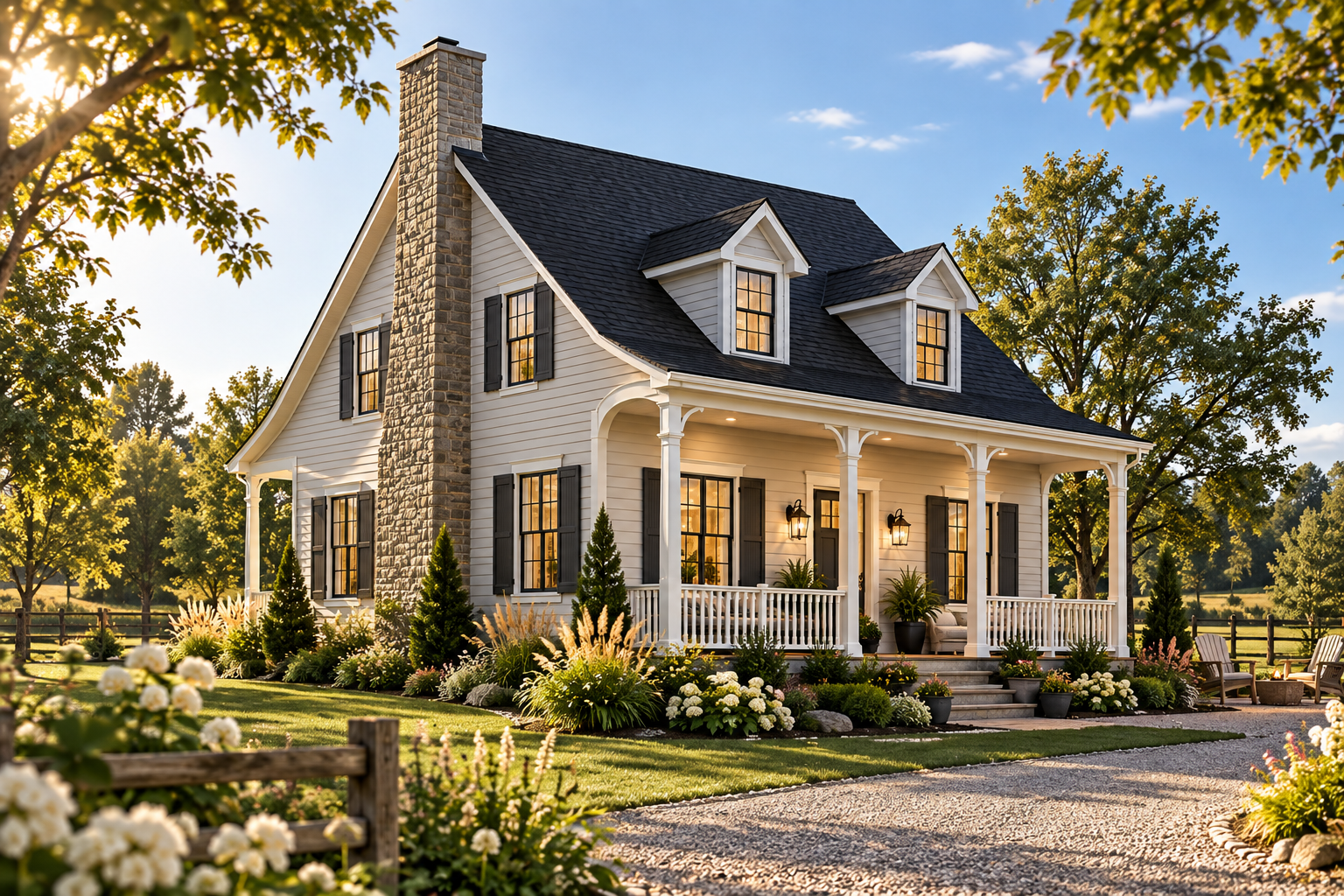 Traditional Canadian-style house plan Acélia #1875 with steep gabled roof, dormer windows, tall stone chimney, and covered front porch.