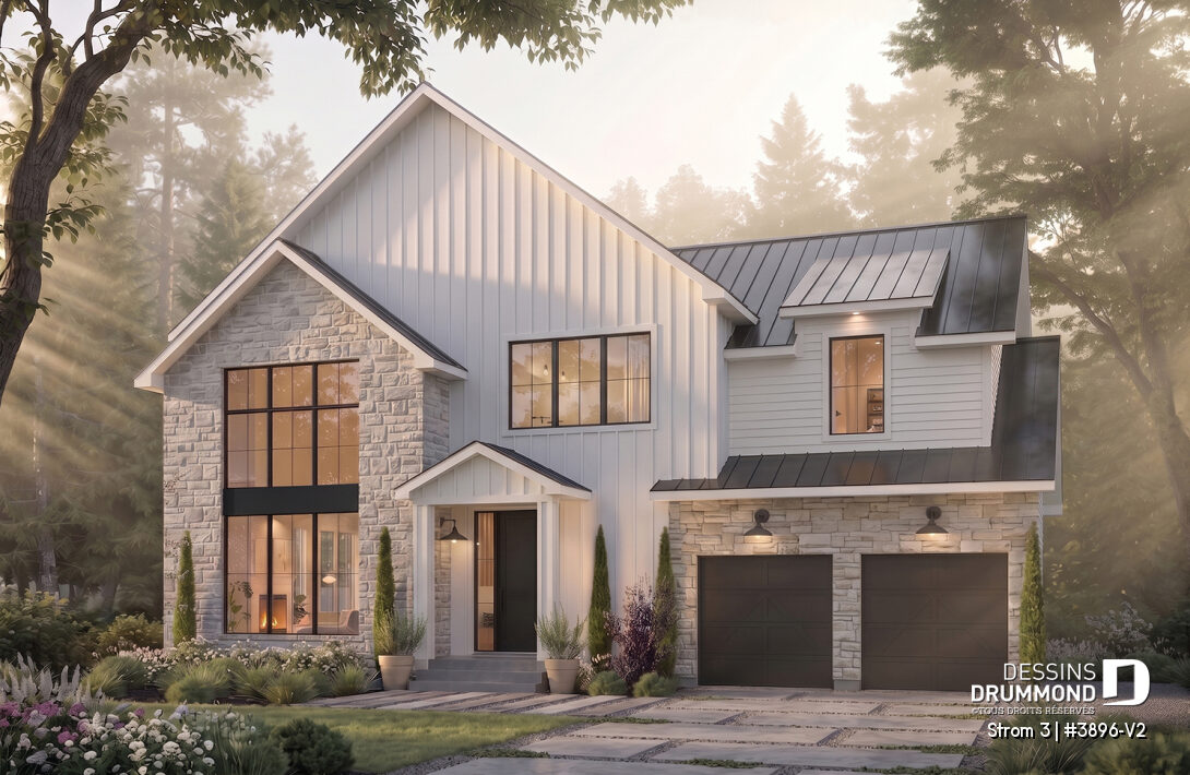 Plan de maison farmhouse à étage Strom 3 #3896-V2 avec garage double