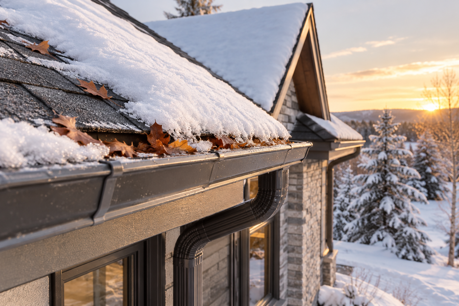 Snow-covered roof and gutters to inspect before winter