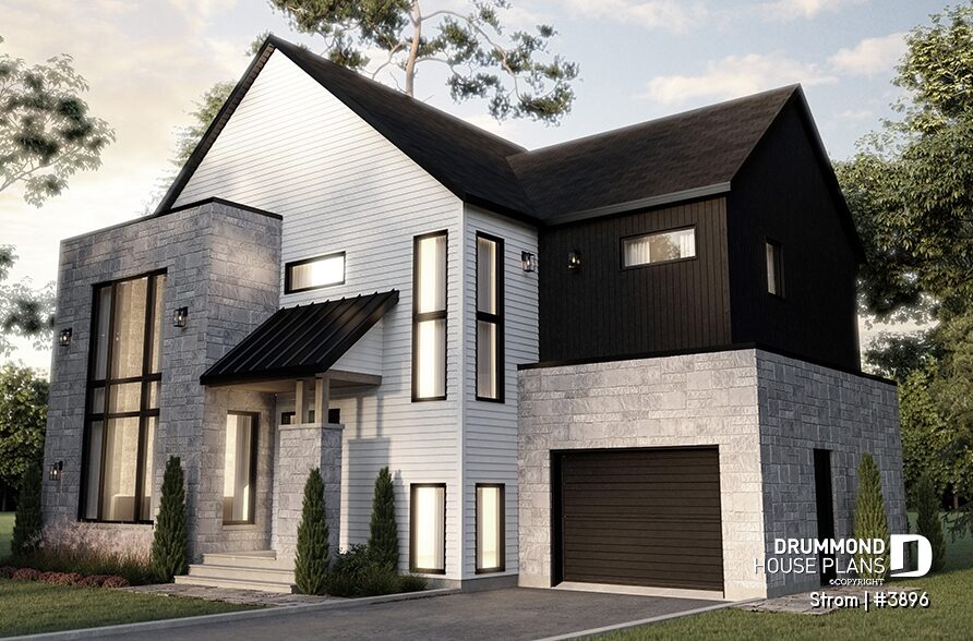 Strom #3896 Modern Scandinavian house plan with single garage