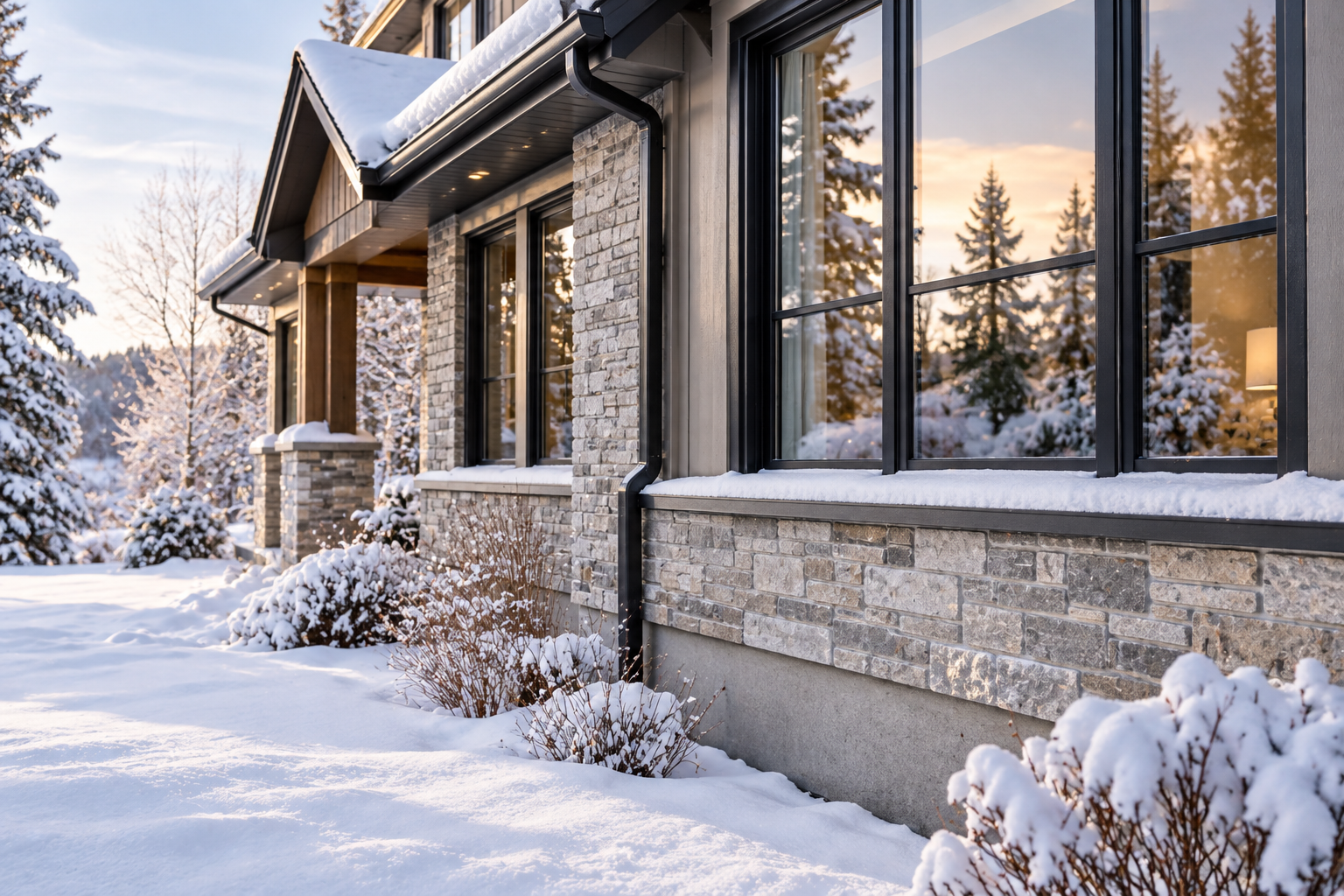 Windows, exterior siding and foundation of a home in winter