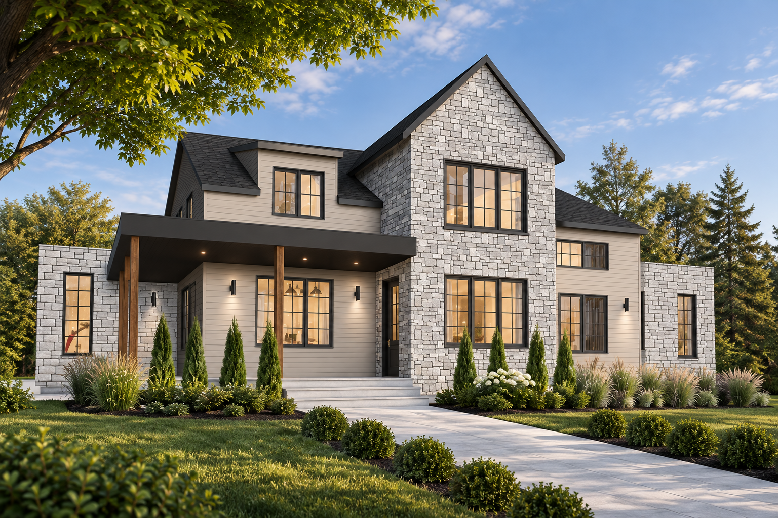 Modern rustic farmhouse New Cotton Country 2 #2615-V1 with large stone gable, light siding, black-framed windows, and covered front porch.