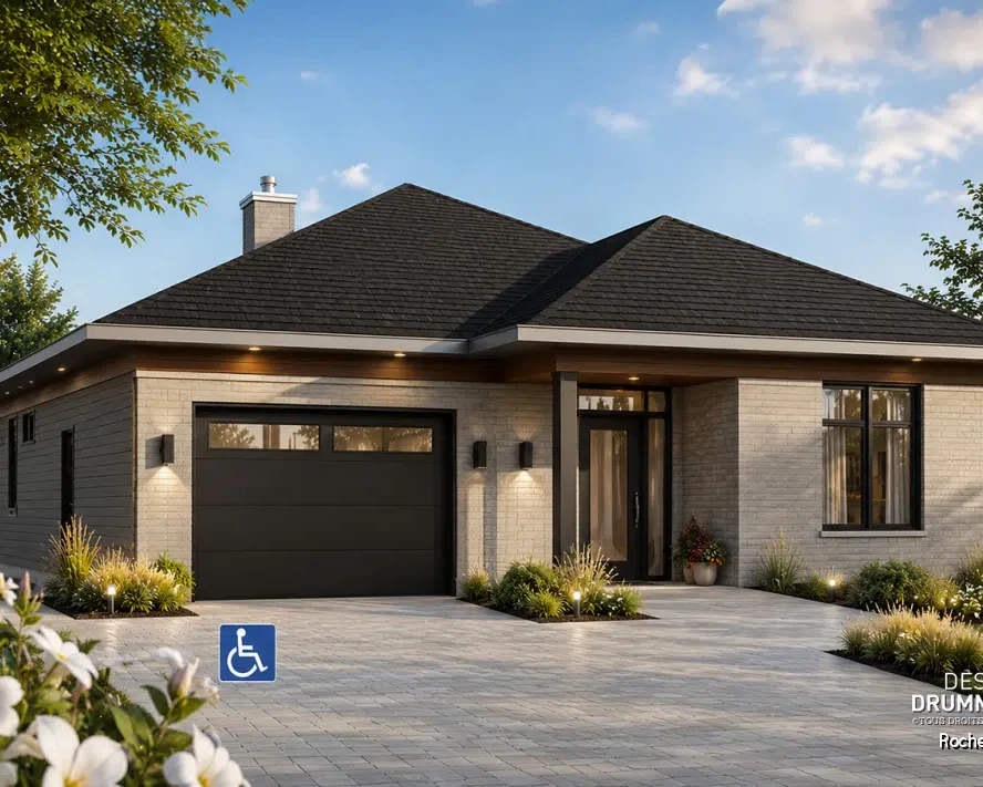 Plan de maison plain-pied Rochefort #3275 avec garage intégré, entrée couverte et aménagement extérieur illustrant l'accessibilité pour les personnes à mobilité réduite.