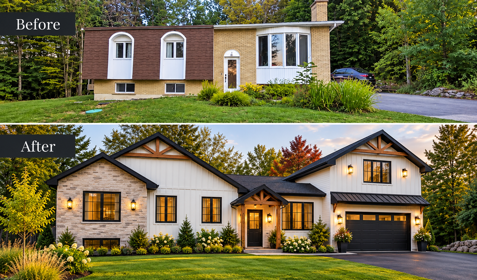 Before and after home renovation showing a dated split-level house transformed into a modern farmhouse with stone siding, timber accents, and an attached garage.