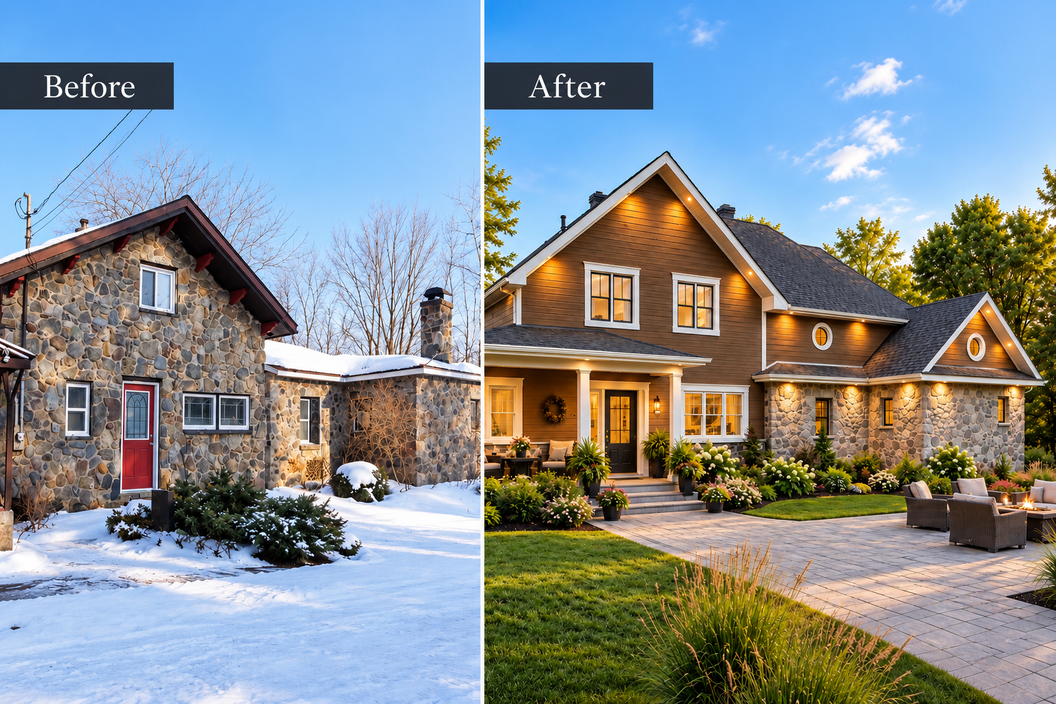 Before and after home renovation showing a traditional stone house transformed with modern farmhouse siding, a covered porch, updated rooflines, and landscaping.