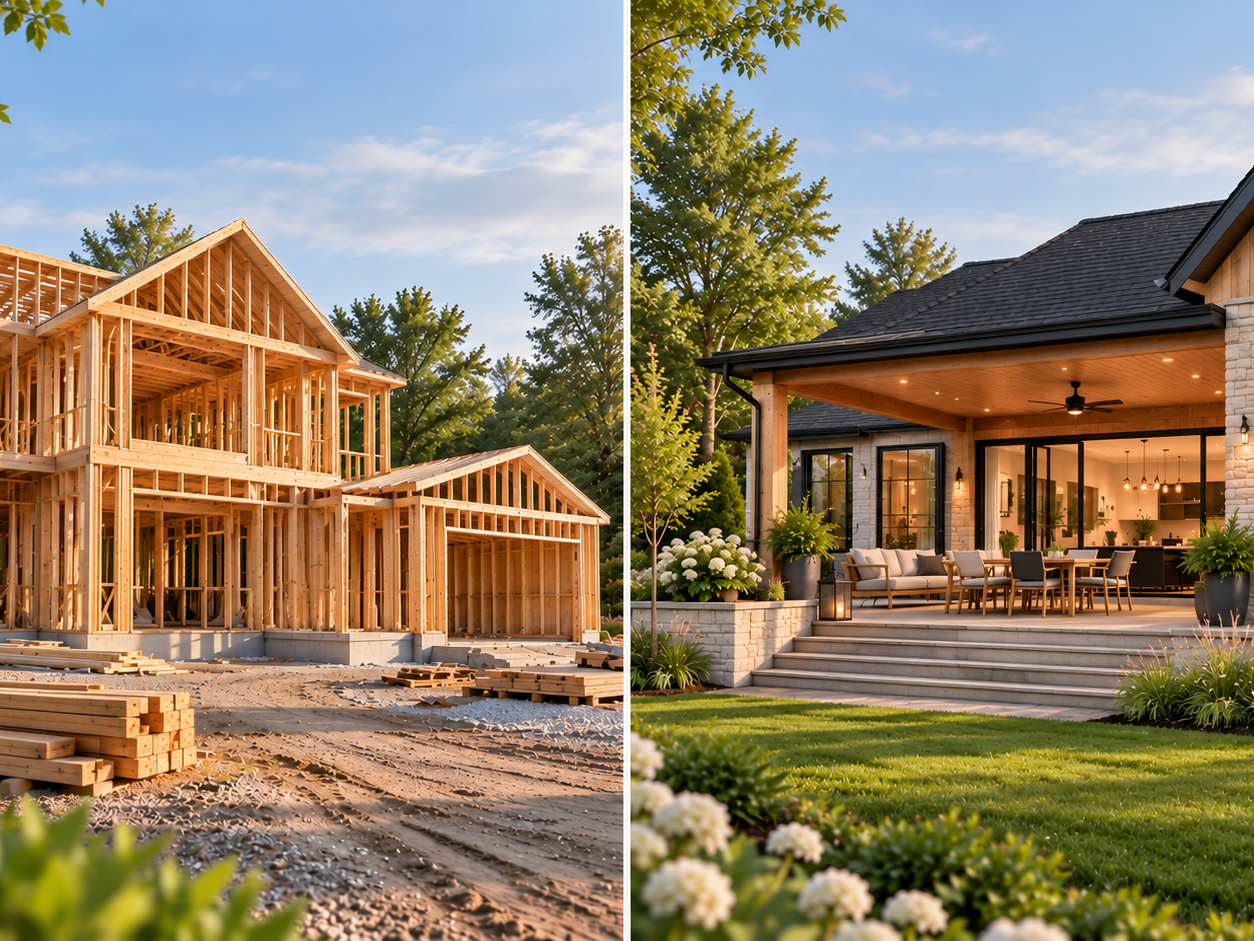 Montage comparatif d'une maison en rénovation et d'une maison rénovée avec terrasse couverte, illustrant le choix entre construire ou rénover.