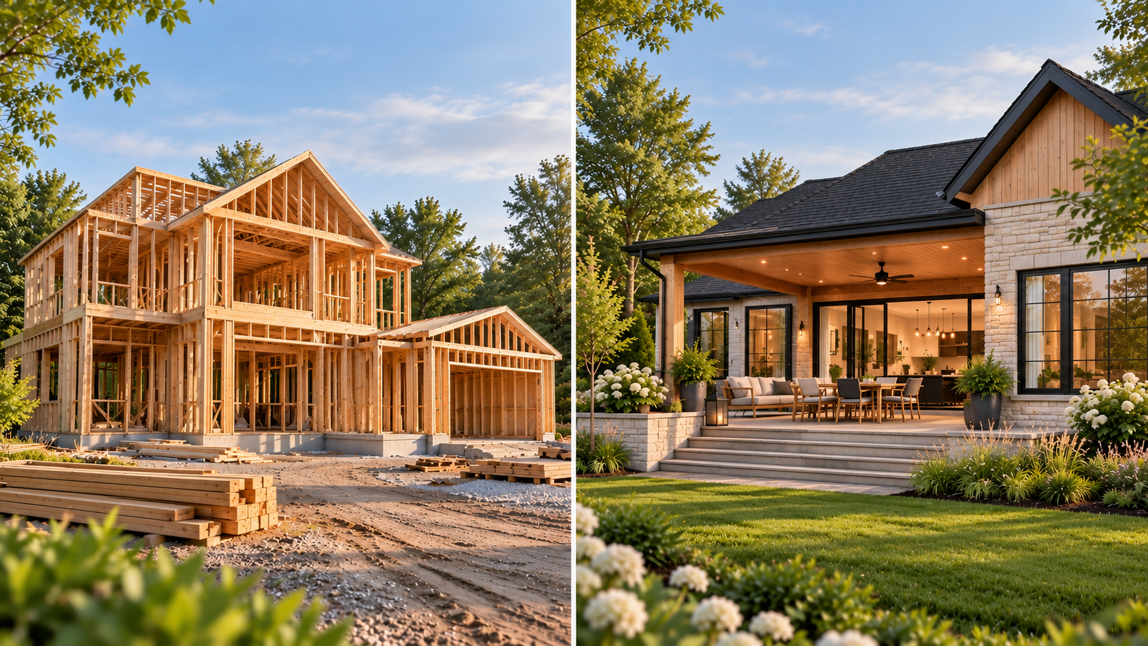Montage comparatif d'une maison en rénovation et d'une maison rénovée avec terrasse couverte, illustrant le choix entre construire ou rénover.
