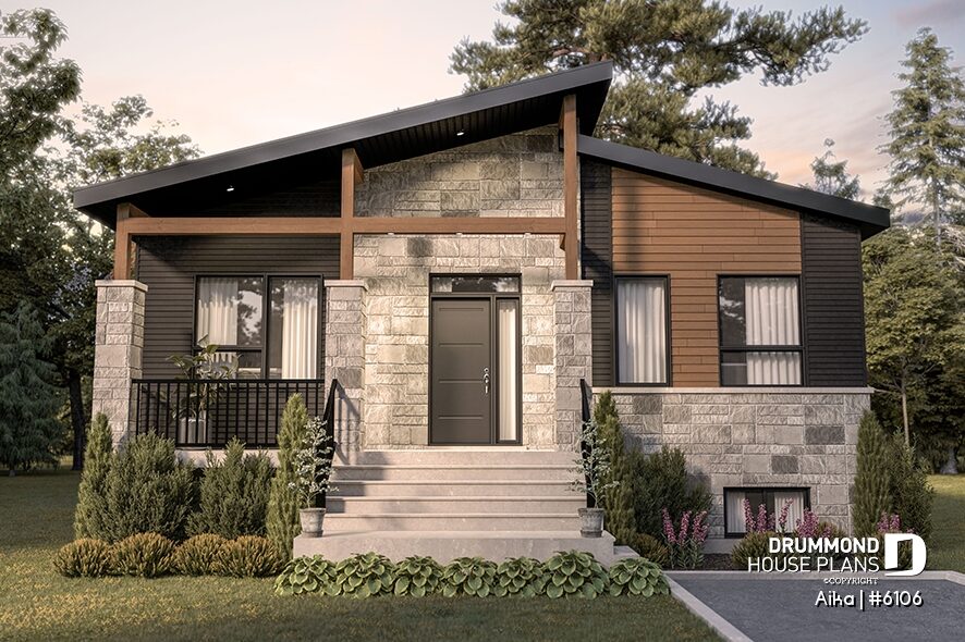 Contemporary single-story house plan Aika #6106 with asymmetrical sloping roof, stone facade, wood siding, and covered front porch.