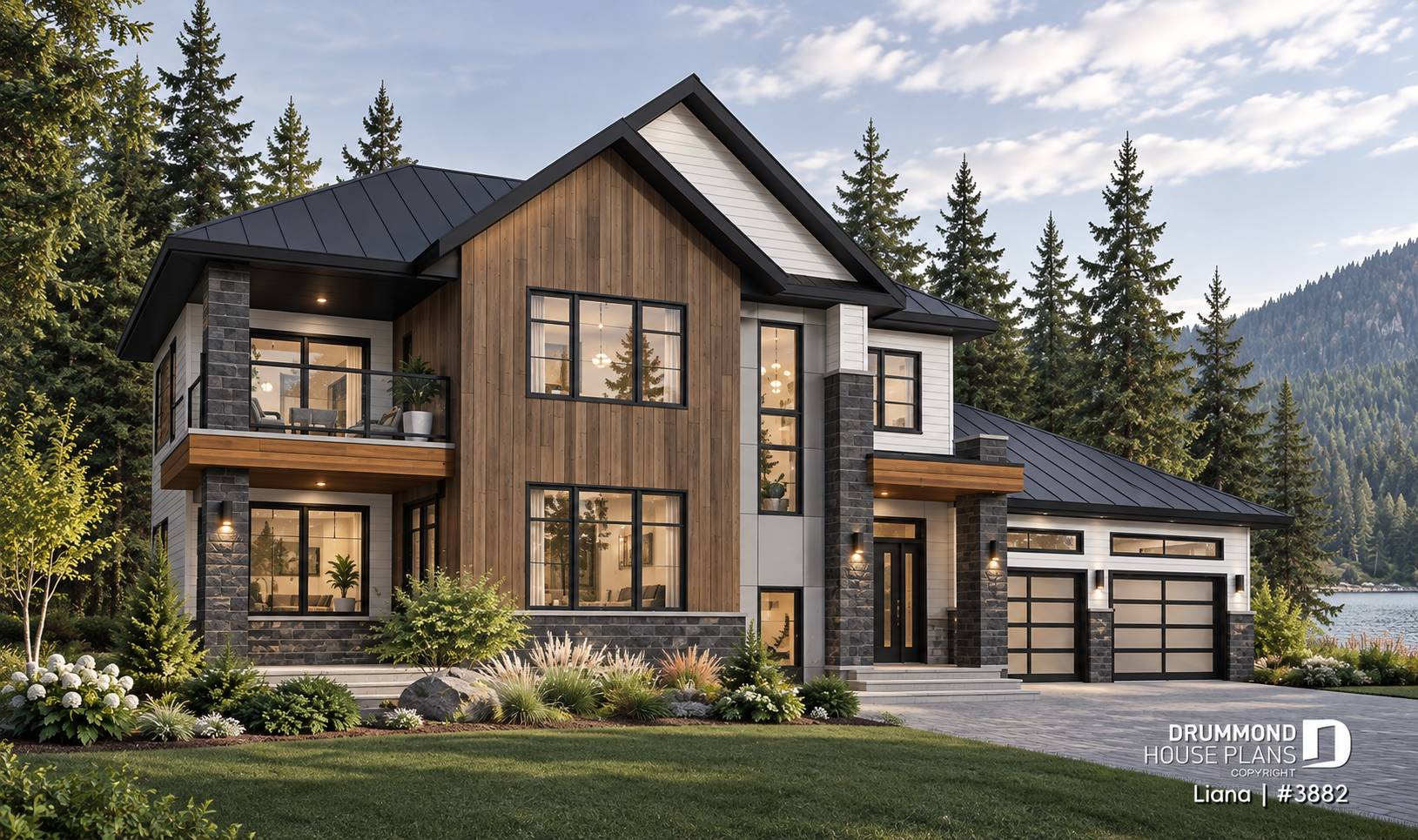 Contemporary 2-story house plan Liana #6106 with asymmetrical roof, horizontal lines, stone accents, wood, and dark exterior siding.