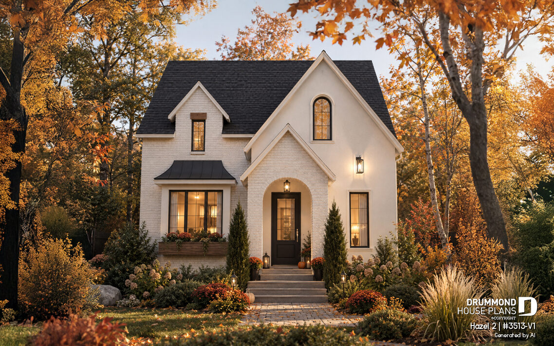 English Tudor-inspired storybook cottage Hazel 2 #3513-V1 with steep gables, arched entryway, tall windows, and light masonry.