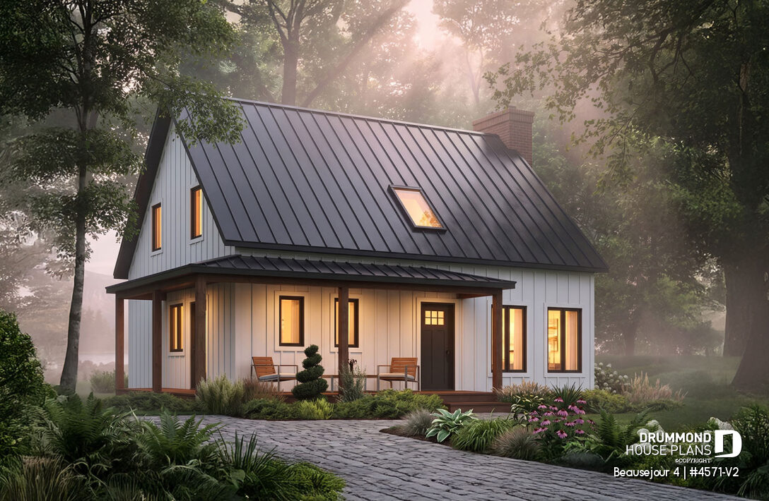 Modern Canadian-style house Beauséjour 4 #4571-V2 with steep metal gable roof, white vertical siding, covered porch, and wood accents.