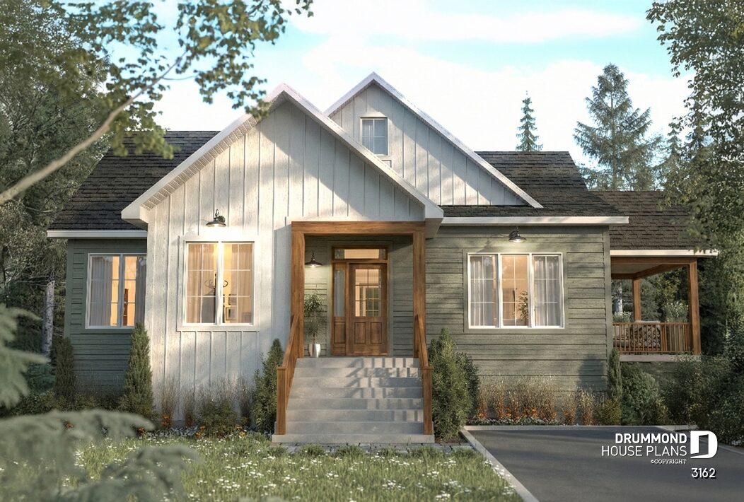 Modern Craftsman house plan Chatelain #3162 with gable roofs, white and sage green siding, wood-framed entrance, and covered porch.