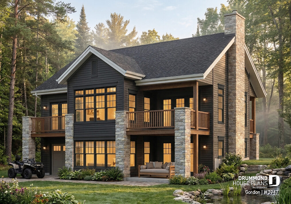 Rear view of Modern Craftsman house plan Gordon #3947 with dark siding, stone chimney, covered balconies, and walkout basement.