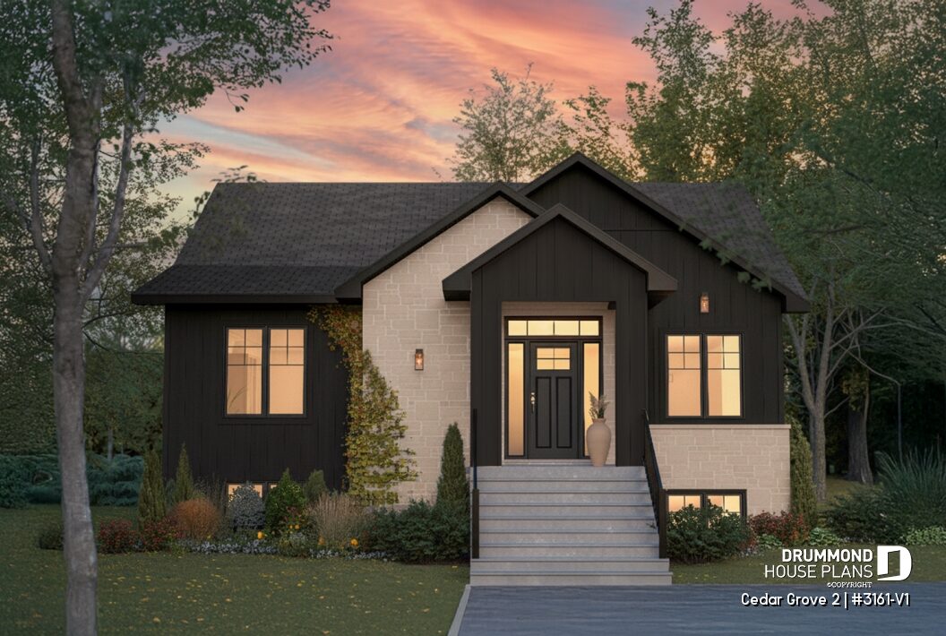 Modern rustic house plan Cedar Grove 2 #3161-V1 featuring dark vertical siding, light stone, multiple gables, and a covered entrance.