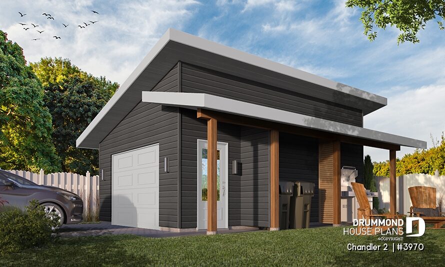 Modern one-car shed roof garage Chandler 2 #3970 with charcoal siding, white garage door, wood posts, and covered outdoor patio.