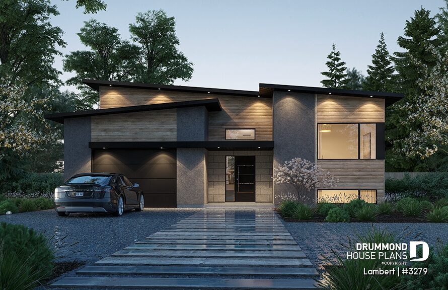 Modern single-story shed roof house plan Lambert #3279 with one-car garage, split entry, wood accents, and contemporary exterior.