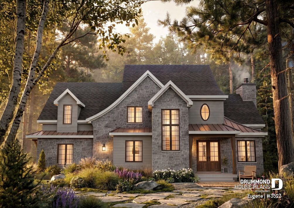 Modern Tudor house plan Eugène #3523 with steep gables, light brick facade, tall black-framed windows, and English-inspired architecture.