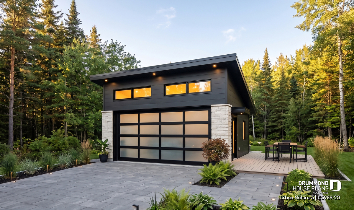 Modern two-car shed roof garage Urban Nature 3 #3989-20 with wide glass-panel garage door, charcoal siding, clerestory windows, and stone accents.