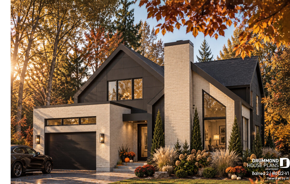 Modern two-story house plan Balnea 2 #6122-V1 with dramatic gables, dark siding, light brick, large windows, and one-car garage.