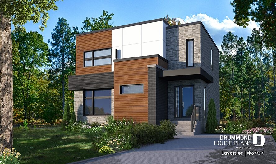 Modern two-story urban cubic house Lavoisier #3707 with flat rooflines, wood siding, stone accents, and large windows.