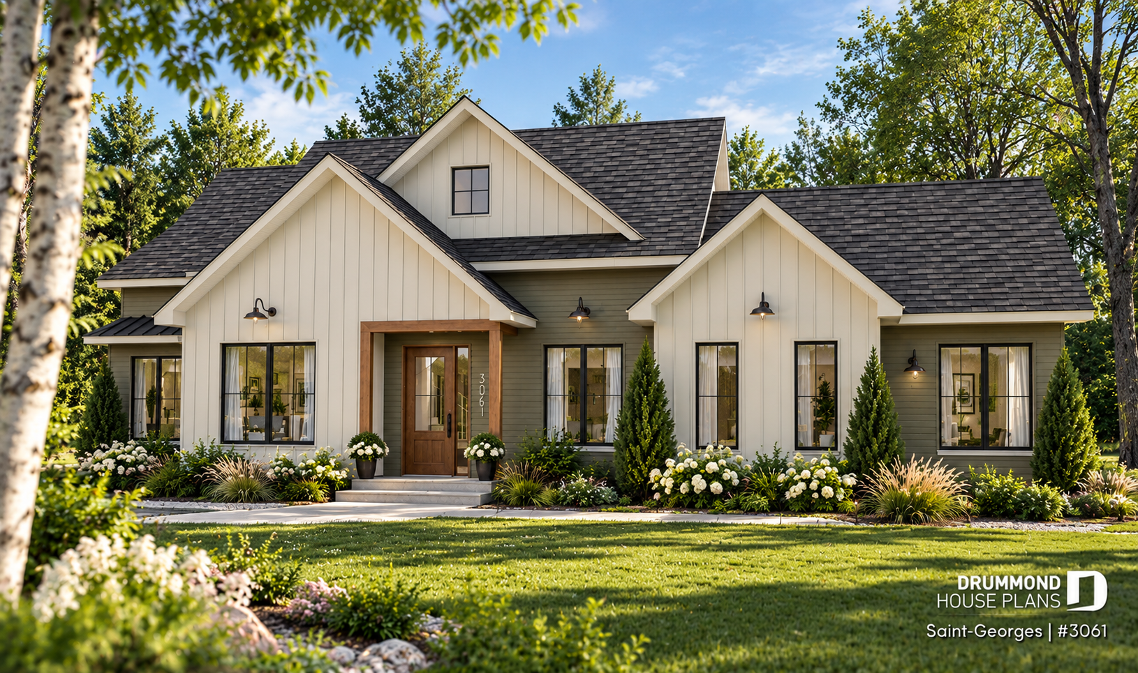 Saint-Georges #3061 multigenerational house plan featuring a modern farmhouse exterior, multiple gables, and landscaped front yard.