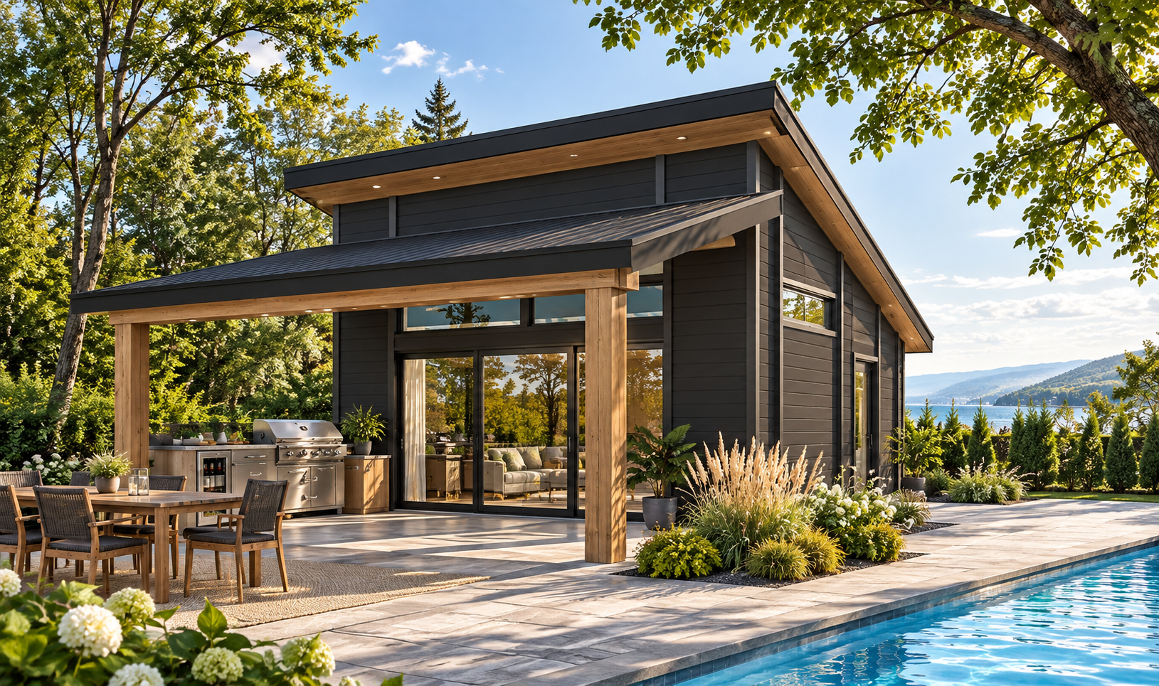 Pavillon de piscine moderne Cabana 2 #1912 avec toit monopente et terrasse couverte