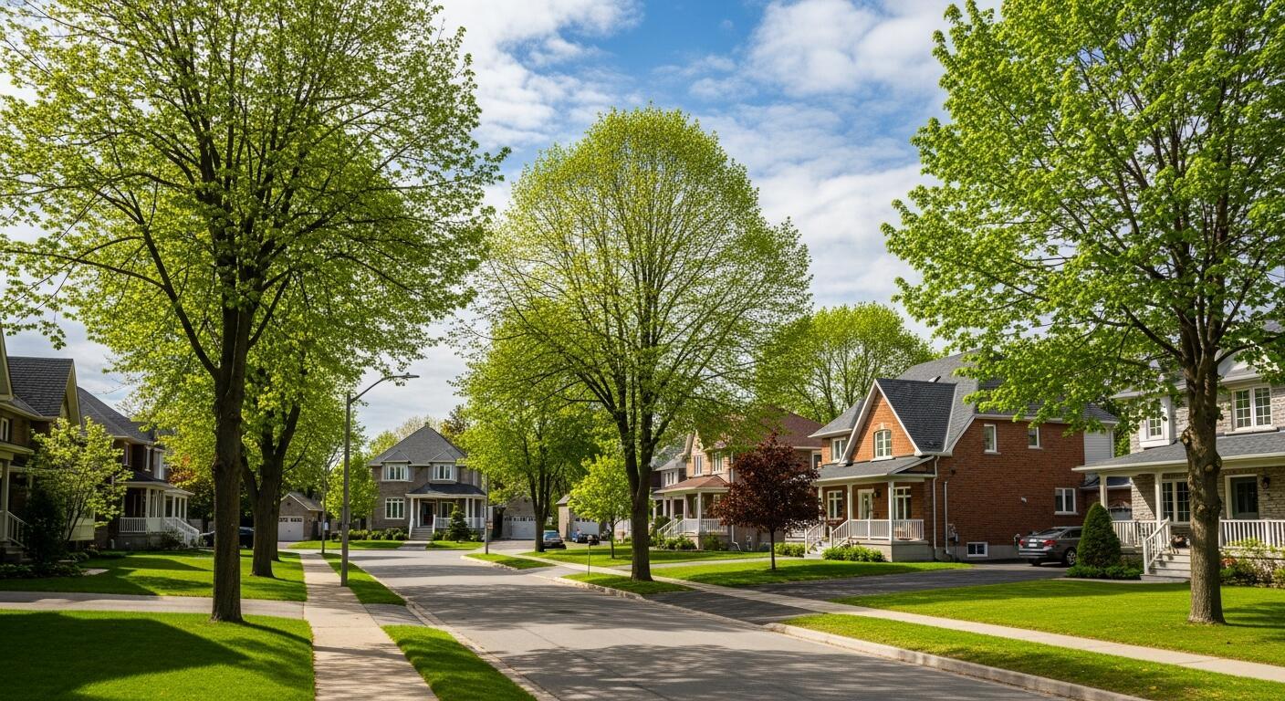 Peaceful residential neighborhood with mature trees and well-maintained homes, illustrating the benefits of renovating instead of moving.