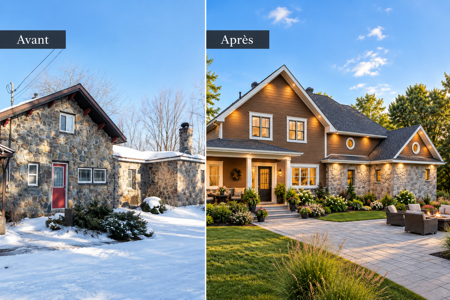 Avant/après d'une maison rénovée par Dessins Drummond à Drummondville, passant d'une façade en pierre à une architecture modernisée avec revêtement de bois.