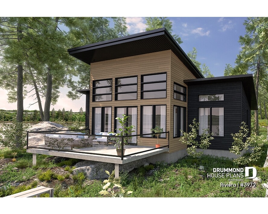 Modern shed roof cottage plan Rivera #3972 featuring a distinctive single-slope roof and large windows.