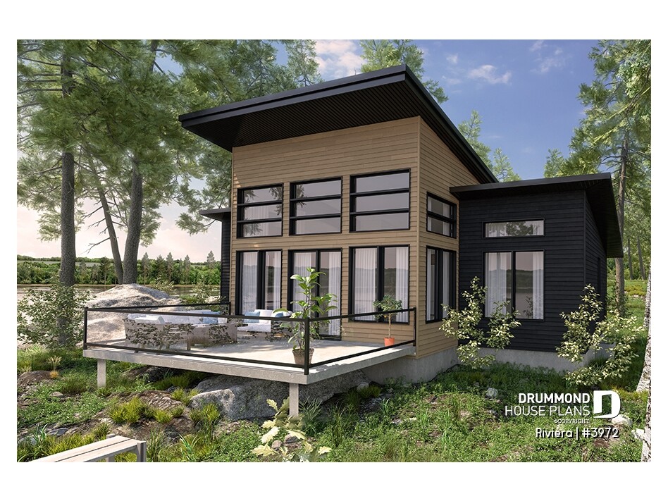 Modern shed roof cottage plan Rivera #3972 featuring a distinctive single-slope roof and large windows.