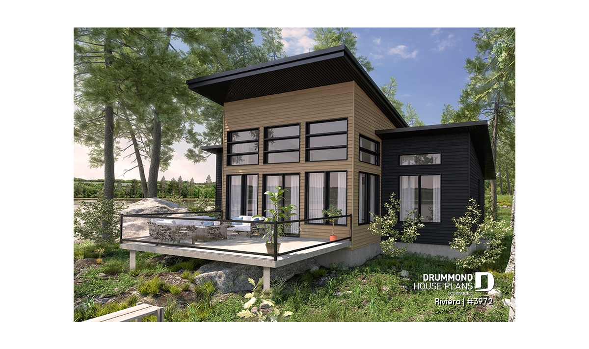 Modern shed roof cottage plan Rivera #3972 featuring a distinctive single-slope roof and large windows.