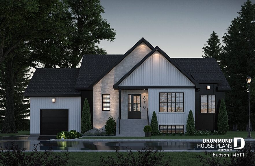 Scandinavian-inspired house plan Hudson #6111 with white siding, stone facade, black gable roofs, and attached one-car garage.
