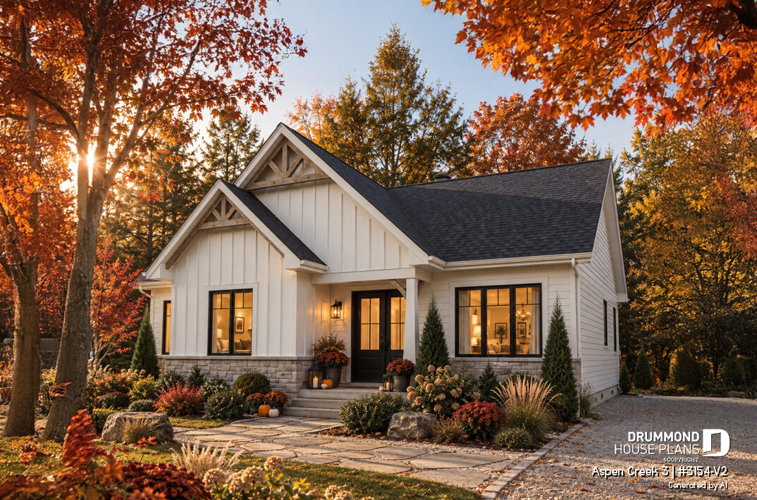 Single-story Modern Farmhouse house plan Aspen Creek 3 #3154-V2 with white siding, timber gables, stone accents, and covered entrance.
