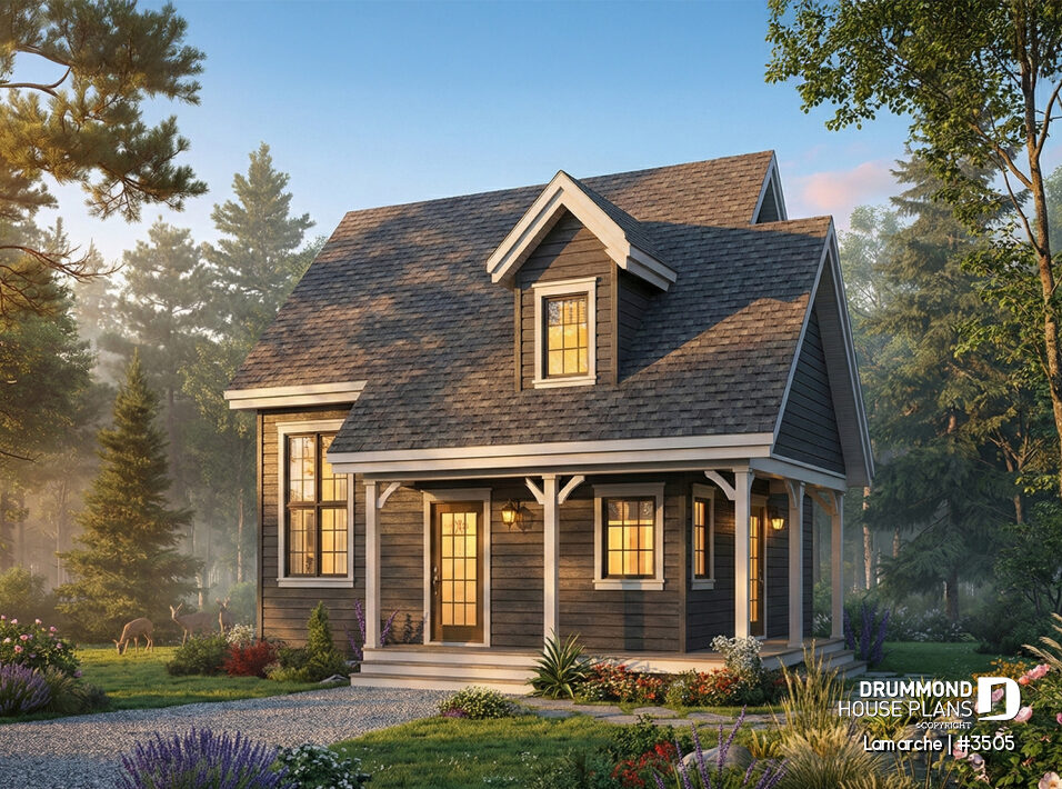 Small country house plan Lamarche #3505 with dark wood siding, steep gabled roof, dormer window, and covered wraparound porch.