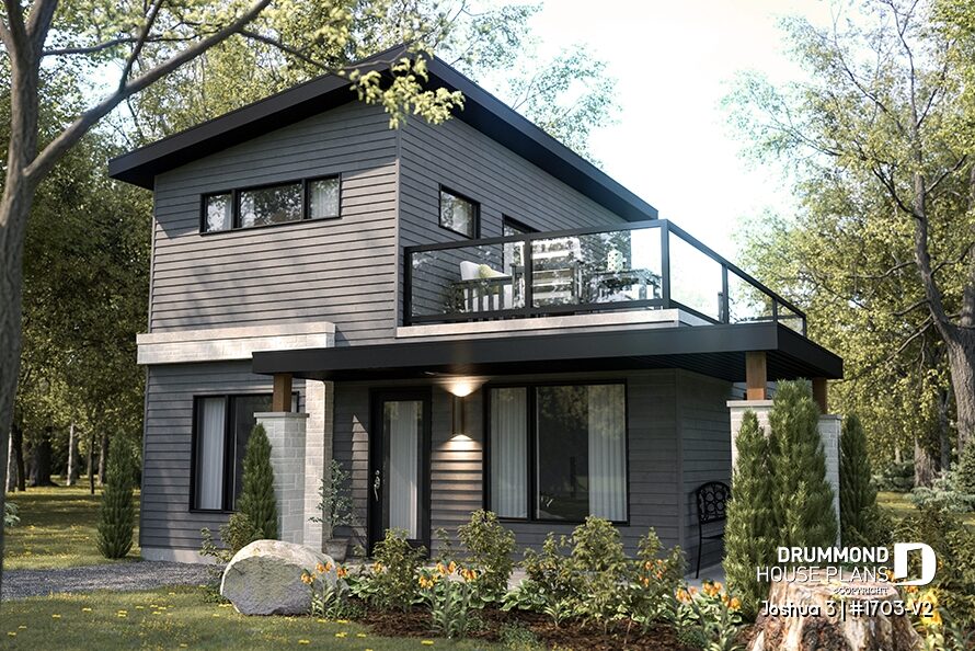 Small modern two-story house plan Joshua 3 #1703-V2 with dark siding, low-pitched roof, large windows, and second-floor terrace.
