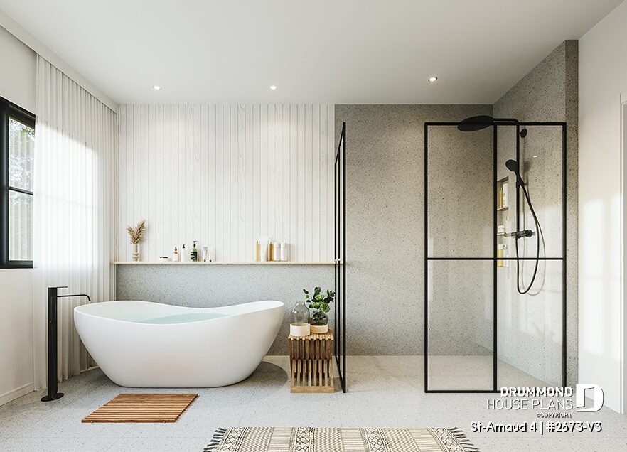 Modern bathroom featuring a spacious walk-in shower with glass enclosure, freestanding bathtub, and contemporary black fixtures.