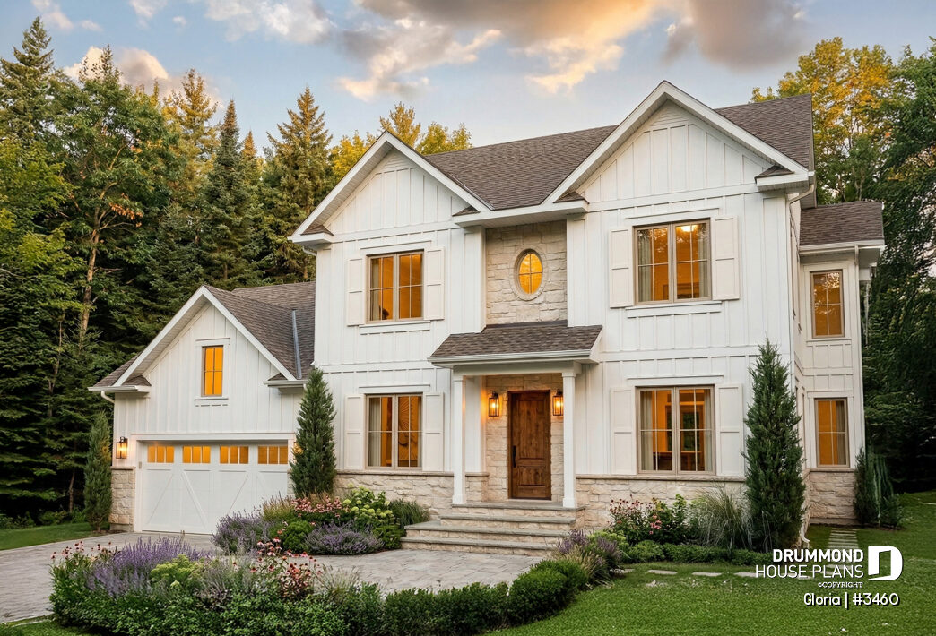 Traditional two-story house plan Gloria #3460 with classic gabled rooflines, white siding, stone accents, and attached two-car garage.