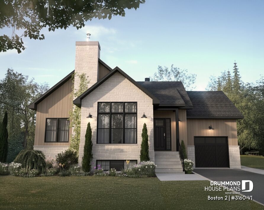Boston 2 #3160-V1 transitional bungalow house plan with classic rooflines, contemporary exterior finishes, and attached one-car garage.