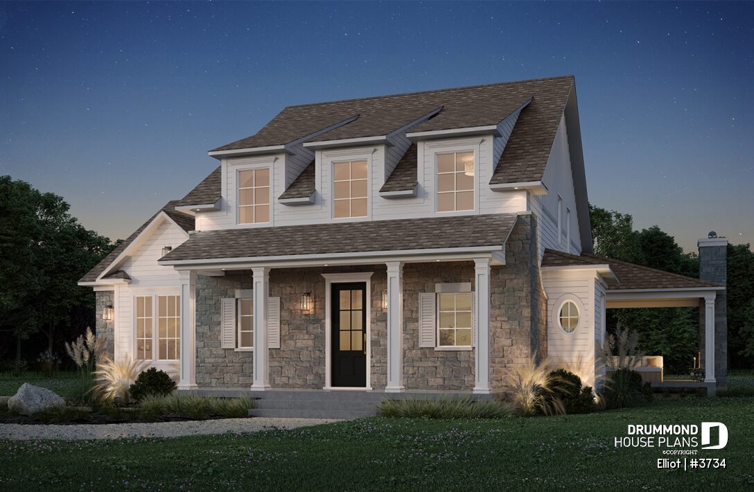 Elliot #3734 transitional house plan with traditional rooflines, stone accents, dormer windows, and a covered porch.
