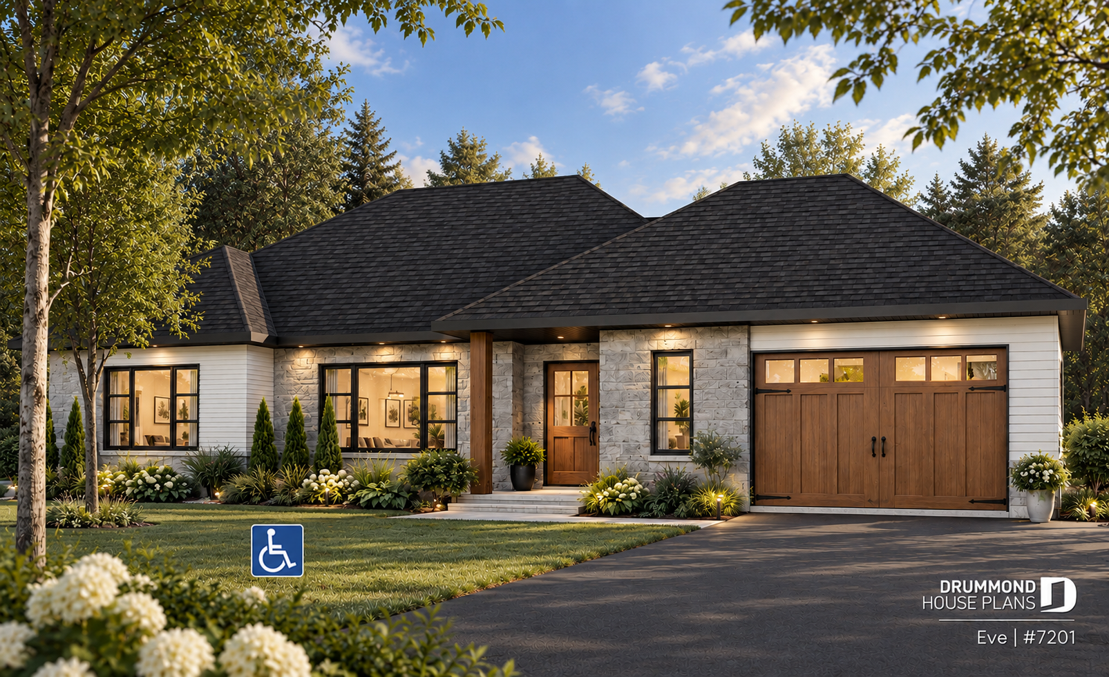 Wheelchair-accessible ranch house Eve #7201 with stone and white siding, attached garage, landscaped yard, and accessibility symbol.